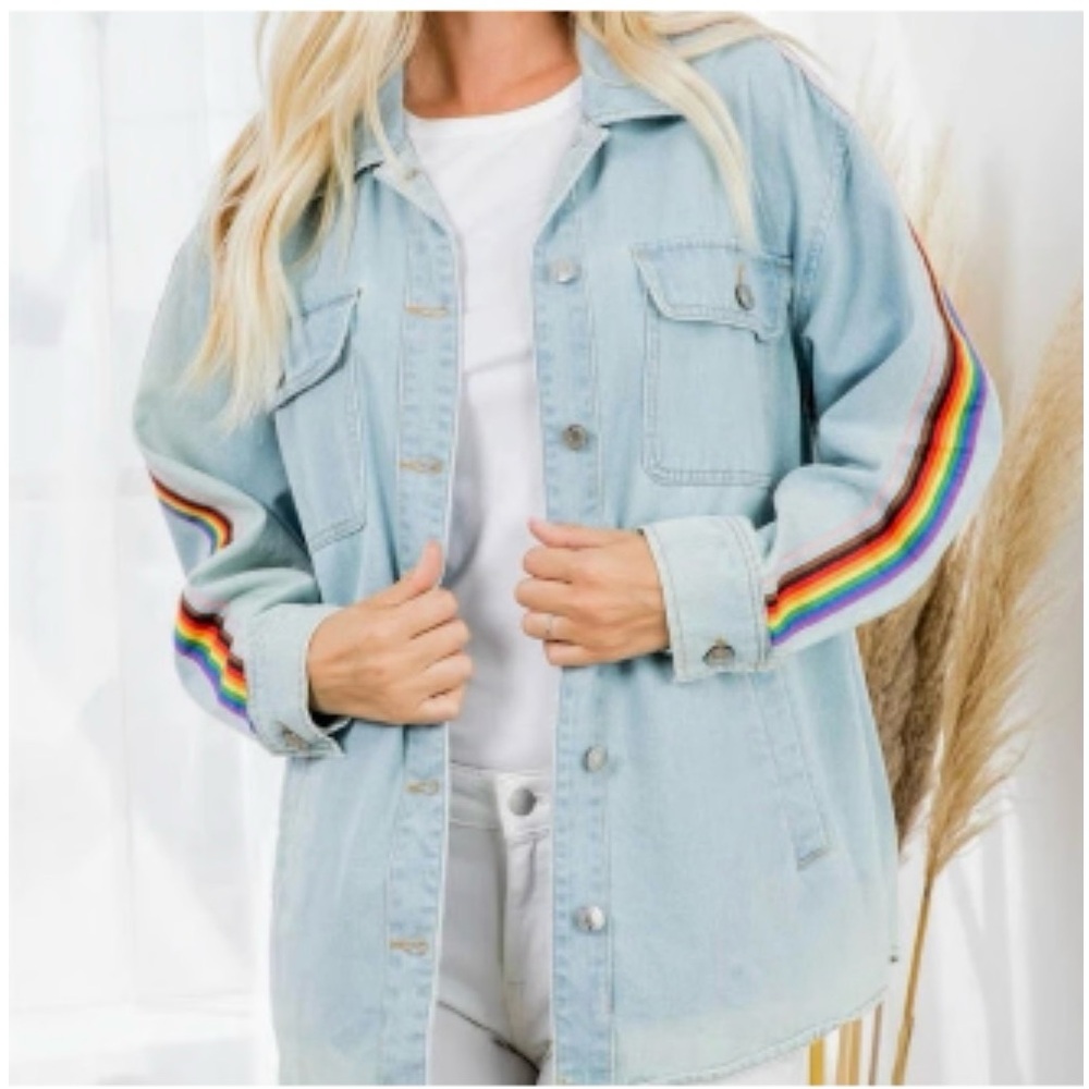 Vintage Stoosh rainbow jean jacket sz M. Excellent used condition.